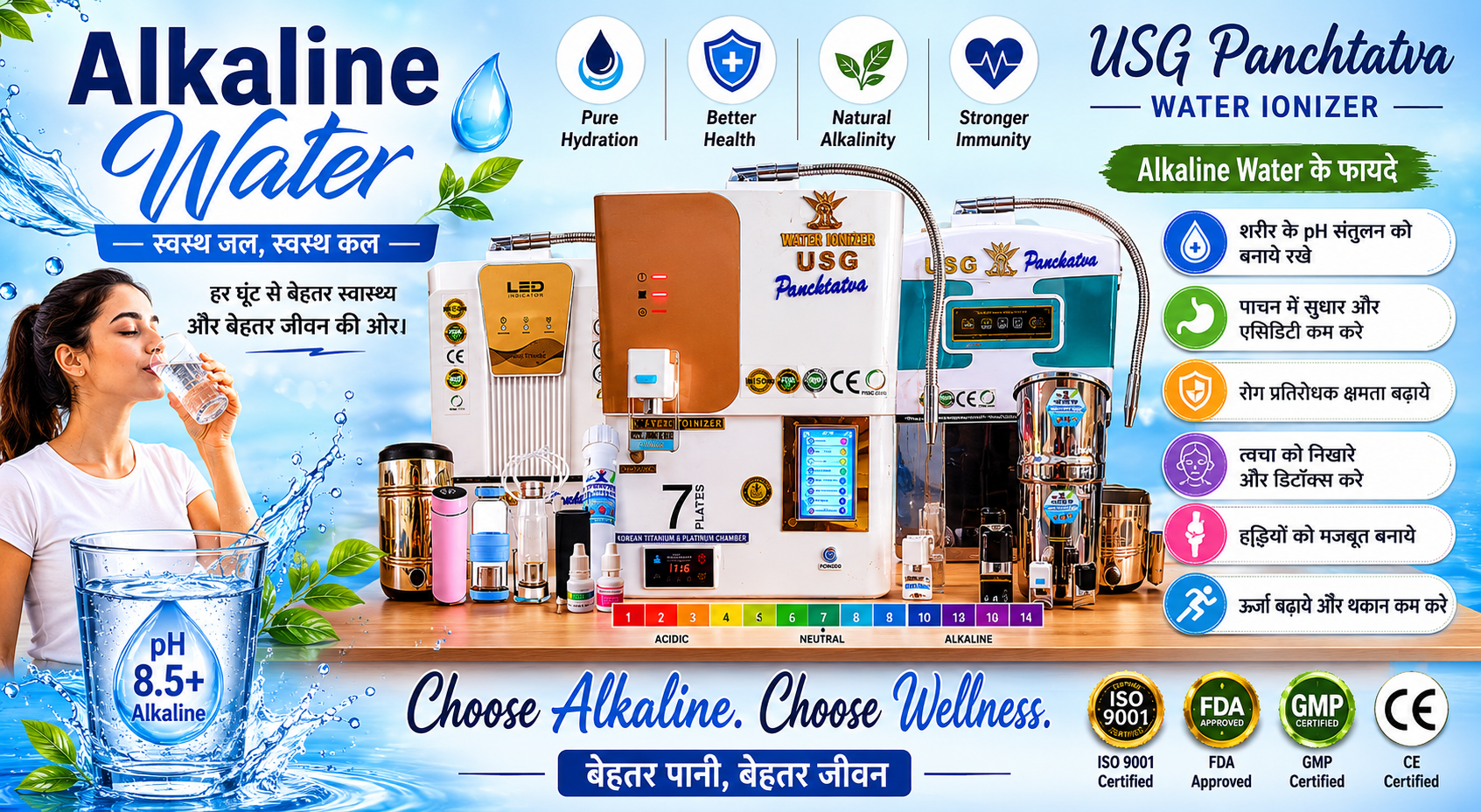 Modern alkaline water purifier and healthy alkaline drinking water poster showing hydration, wellness, digestion, energy boost, and mineral-rich water benefits for a healthy lifestyle.