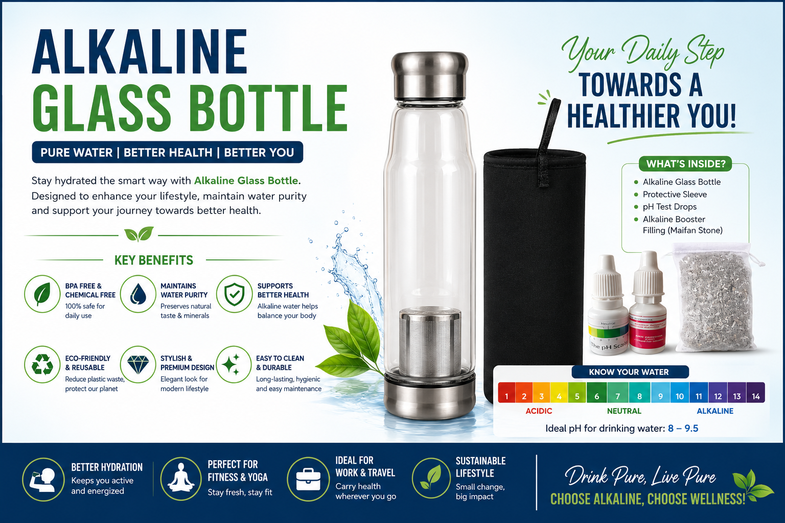 “Alkaline glass bottle for healthy and eco-friendly hydration”