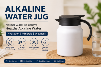 Modern alkaline water jug poster with hydration, pH balance, and wellness benefits in a clean kitchen background.
