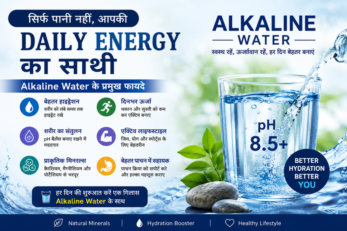 "Landscape promotional poster about Alkaline Water Benefits featuring a glass filled with alkaline water, fresh green leaves, water splashes, and wellness icons. The poster highlights benefits such as better hydration, daily energy, pH balance, natural minerals, active lifestyle support, and improved digestion. Blue and white color scheme with the headline 'Alkaline Water – Your Daily Energy Partner'."