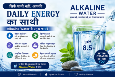 "Landscape promotional poster about Alkaline Water Benefits featuring a glass filled with alkaline water, fresh green leaves, water splashes, and wellness icons. The poster highlights benefits such as better hydration, daily energy, pH balance, natural minerals, active lifestyle support, and improved digestion. Blue and white color scheme with the headline 'Alkaline Water – Your Daily Energy Partner'."